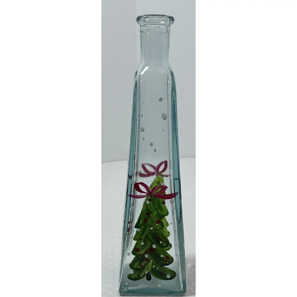 Clear Hand Painted Snowman & Christmas Tree Flower Bud Vase Bottle